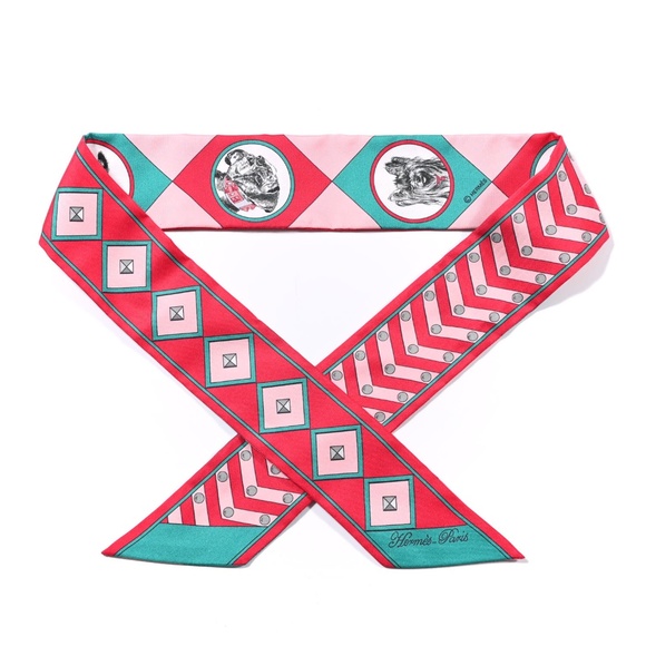 HERMES  Silk Colliers Et Chiens Twilly Framboise Vert Rose - Picture 1 of 4